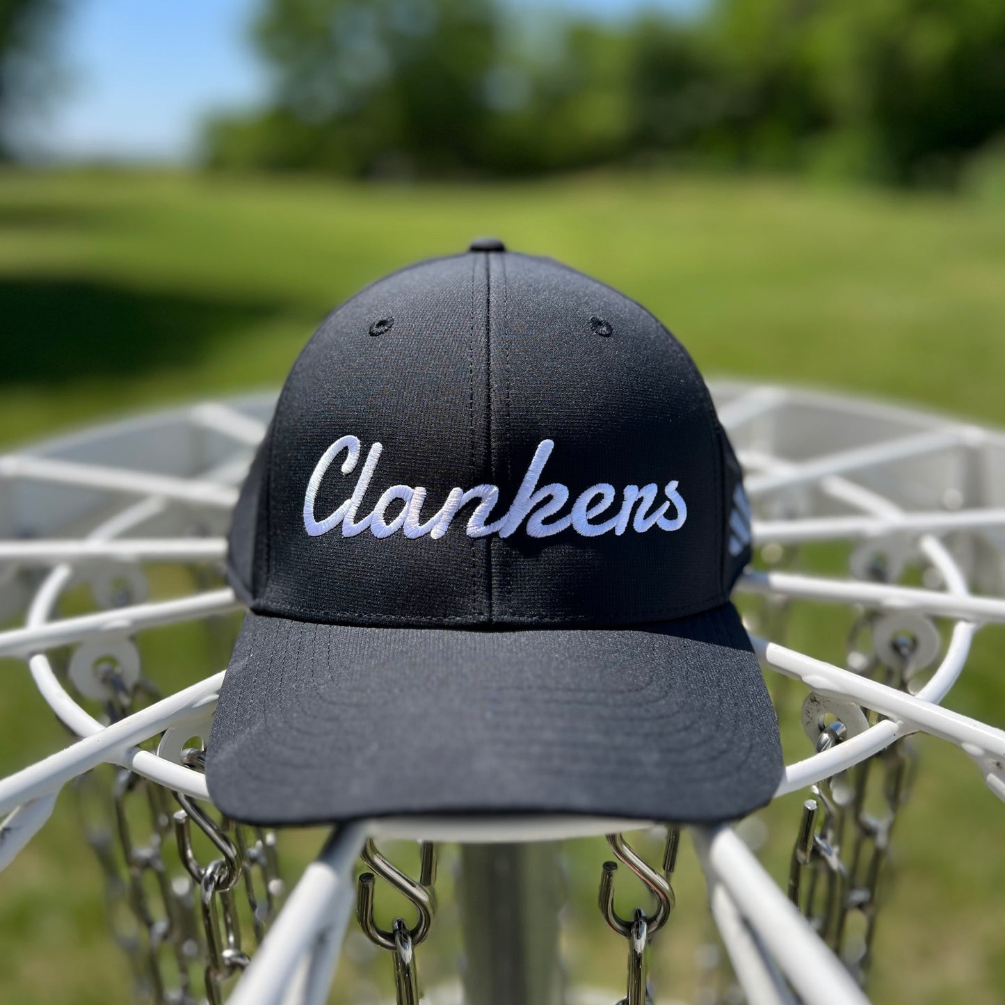 Clankers Disc Golf Hat — Adidas Performance, Moisture-Wicking & UPF 50+ (Black | White)