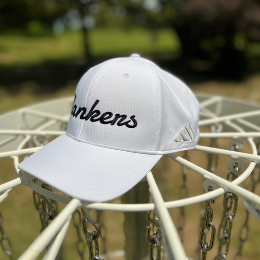 Clankers Disc Golf Hat — Adidas Performance, Moisture-Wicking & UPF 50+ (White | Black))
